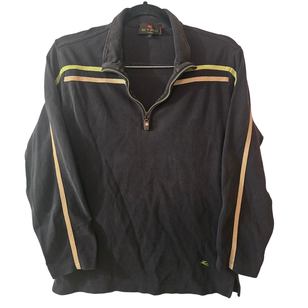 Etro‎ Milano Mens Quarter Zip Polo Black Brown Racing Stripe Long Sleeve Italy M